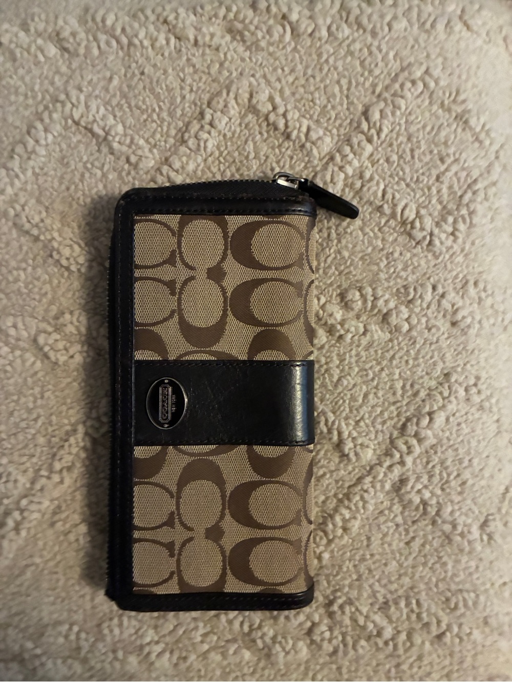 Coach Brown Signature Canvas Zip Wallet with Leather Trim